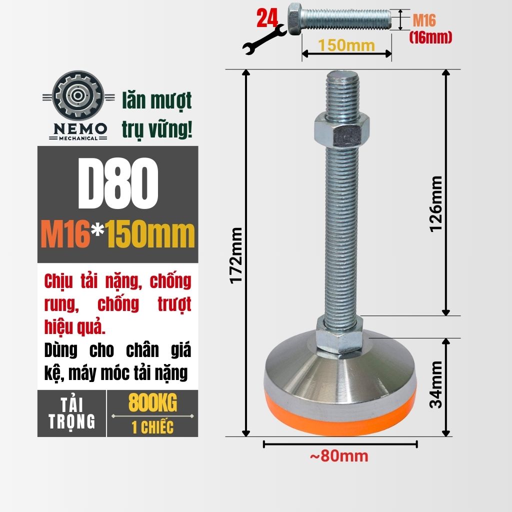 Chân Tăng Chỉnh Chịu Tải Siêu Nặng – Hệ Bulong M16/M20, Chịu Tải 3 Tấn (Bát Thép Mạ Crom)
